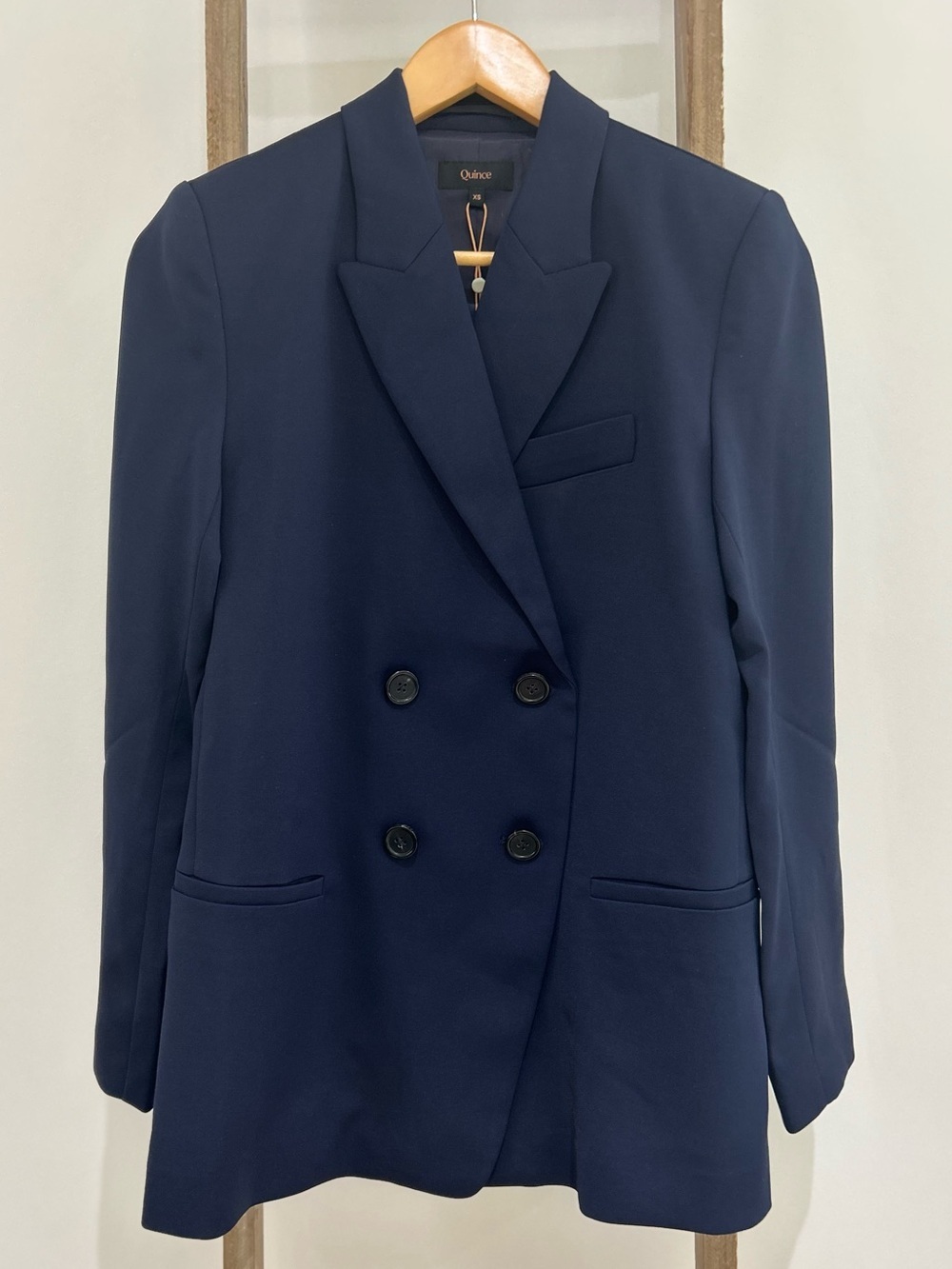 Quince Stretch Crepe Double-Breasted Navy Blue Blazer Women Size XS NWT Classic